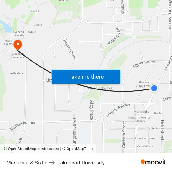 Memorial & Sixth to Lakehead University map