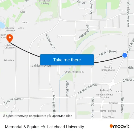 Memorial & Squire to Lakehead University map