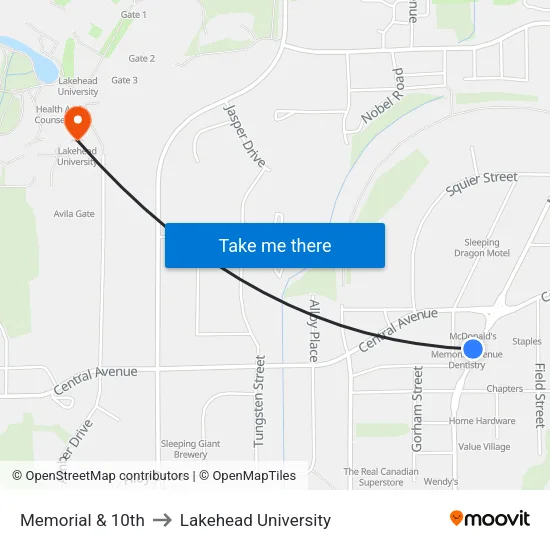 Memorial & 10th to Lakehead University map