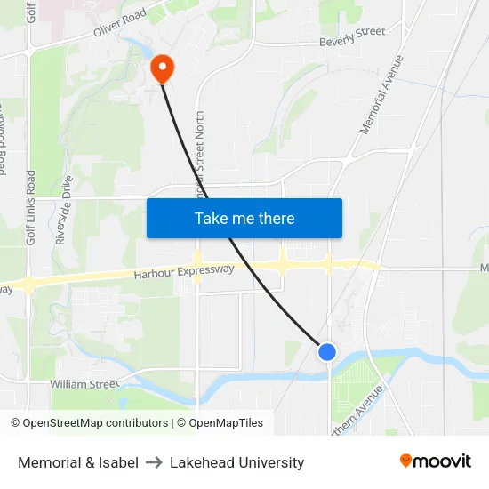 Memorial & Isabel to Lakehead University map