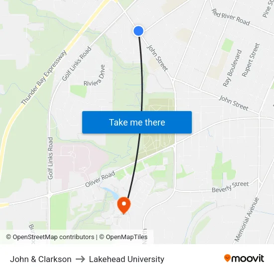 John & Clarkson to Lakehead University map
