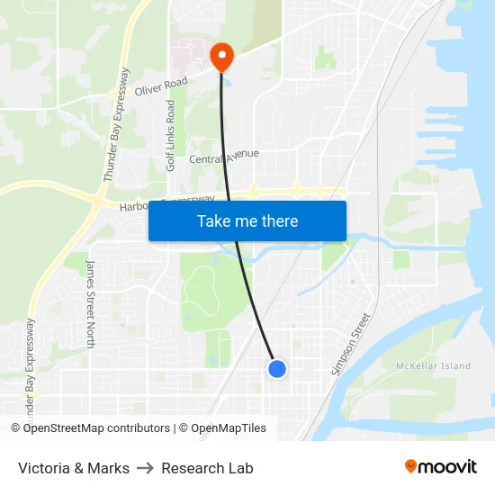 Victoria & Marks to Research Lab map