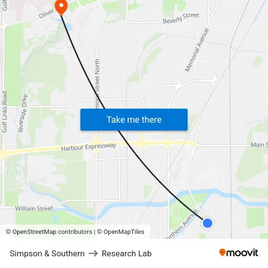 Simpson & Southern to Research Lab map