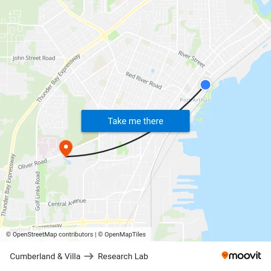Cumberland & Villa to Research Lab map