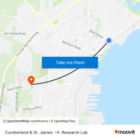 Cumberland & St. James to Research Lab map