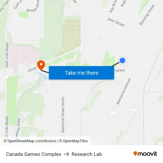 Canada Games Complex to Research Lab map