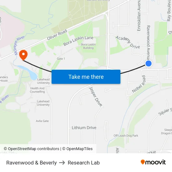 Ravenwood & Beverly to Research Lab map