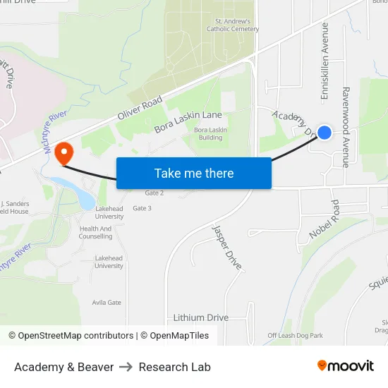 Academy & Beaver to Research Lab map