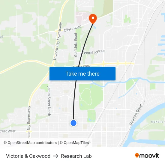Victoria & Oakwood to Research Lab map