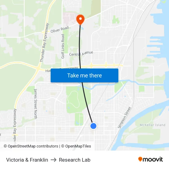 Victoria & Franklin to Research Lab map