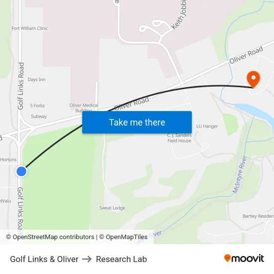 Golf Links & Oliver to Research Lab map