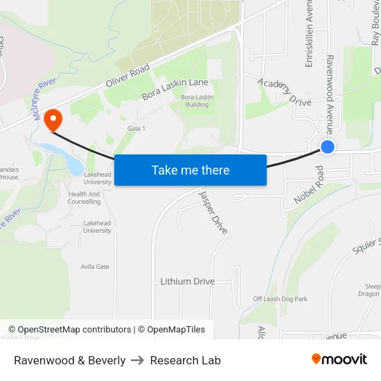 Ravenwood & Beverly to Research Lab map