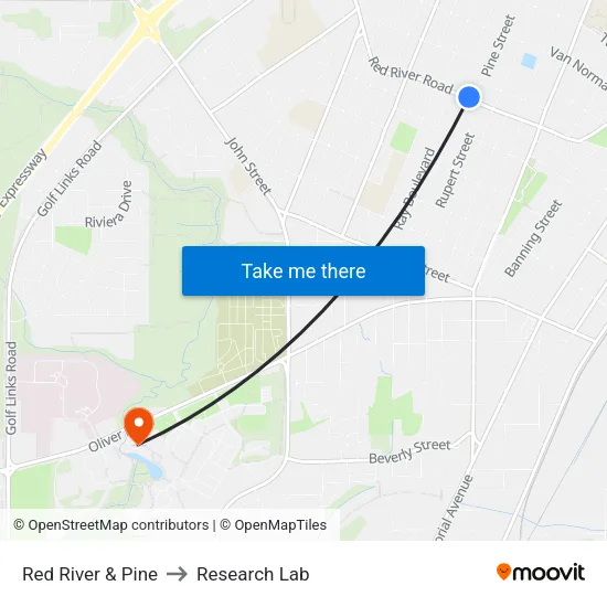 Red River & Pine to Research Lab map
