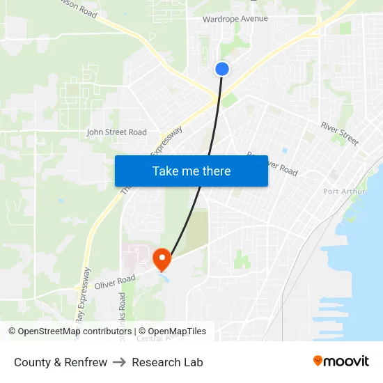 County & Renfrew to Research Lab map