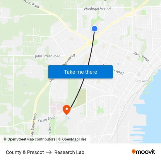 County & Prescot to Research Lab map
