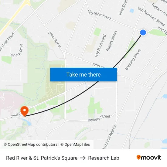 Red River & St. Patrick's Square to Research Lab map
