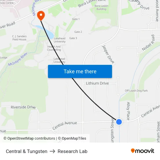 Central & Tungsten to Research Lab map