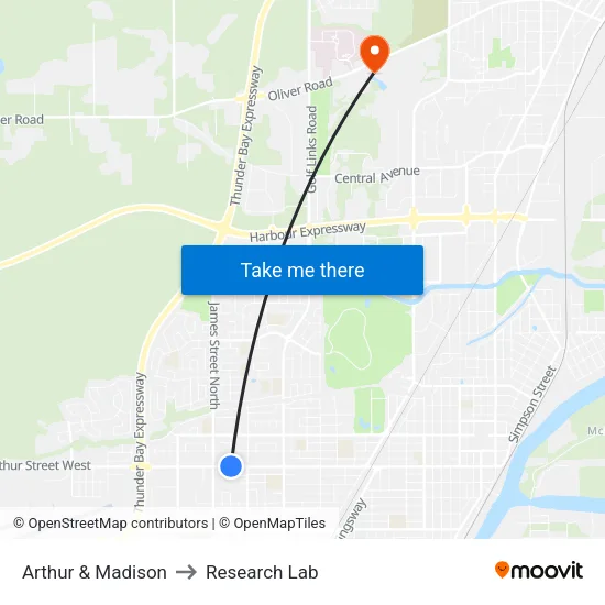 Arthur & Madison to Research Lab map