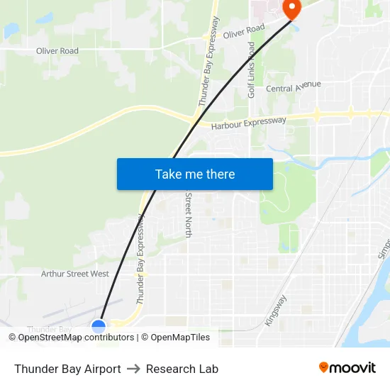 Thunder Bay Airport to Research Lab map