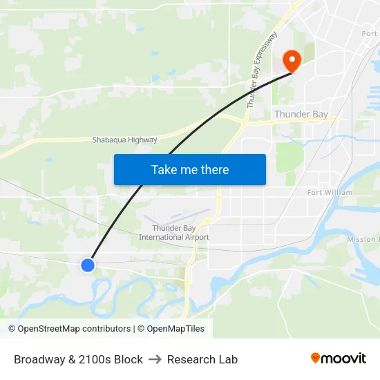 Broadway & 2100s Block to Research Lab map