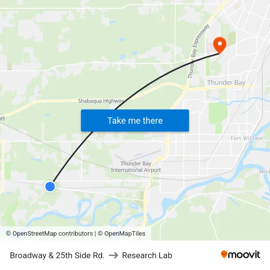 Broadway & 25th Side Rd. to Research Lab map