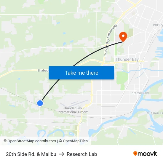 20th Side Rd. & Malibu to Research Lab map