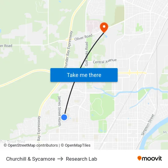 Churchill & Sycamore to Research Lab map