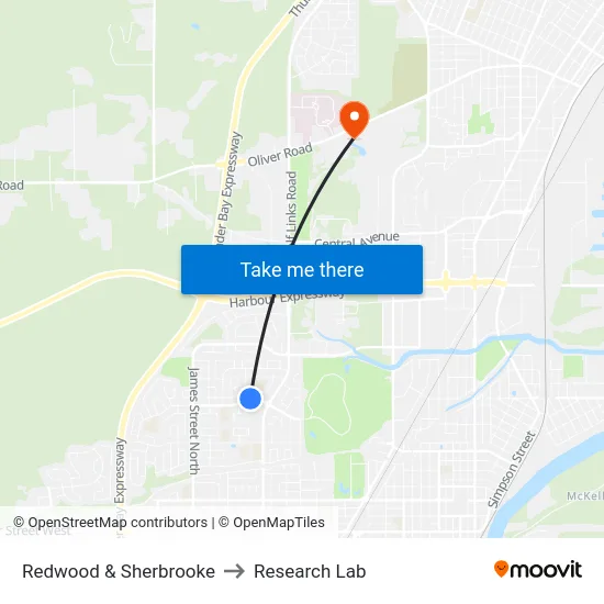 Redwood & Sherbrooke to Research Lab map