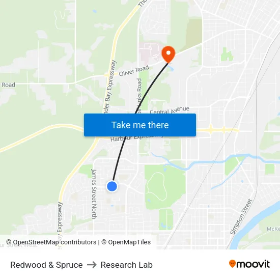 Redwood & Spruce to Research Lab map