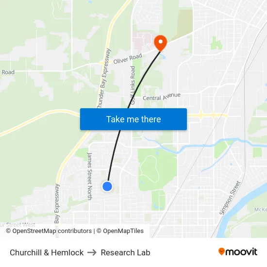 Churchill & Hemlock to Research Lab map