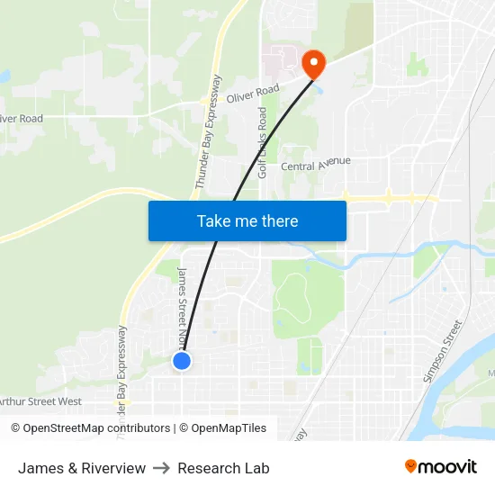 James & Riverview to Research Lab map