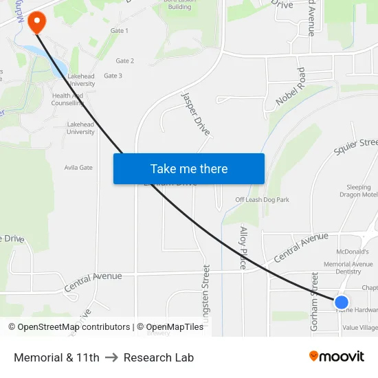 Memorial & 11th to Research Lab map