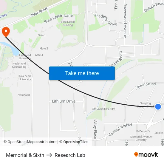 Memorial & Sixth to Research Lab map