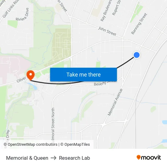 Memorial & Queen to Research Lab map