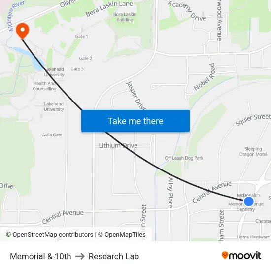 Memorial & 10th to Research Lab map