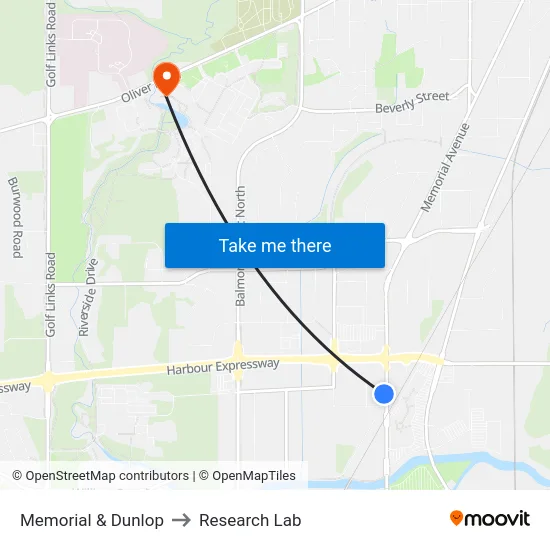 Memorial & Dunlop to Research Lab map