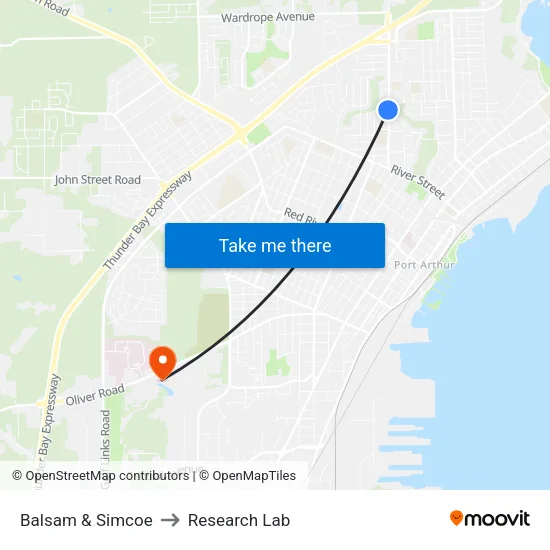 Balsam & Simcoe to Research Lab map