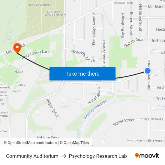 Community Auditorium to Psychology Research Lab map