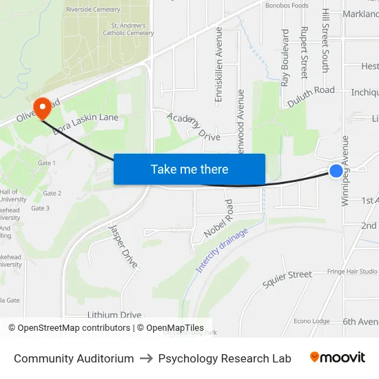 Community Auditorium to Psychology Research Lab map
