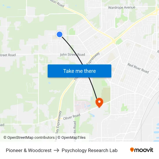 Pioneer & Woodcrest to Psychology Research Lab map