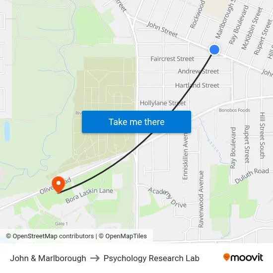 John & Marlborough to Psychology Research Lab map