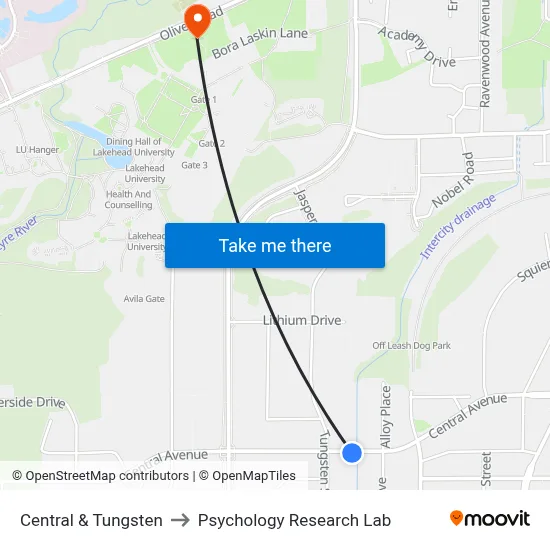 Central & Tungsten to Psychology Research Lab map