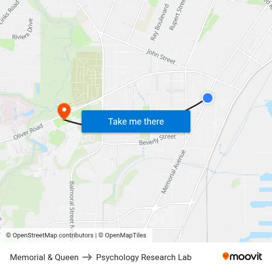 Memorial & Queen to Psychology Research Lab map