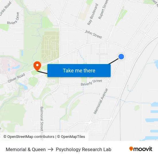 Memorial & Queen to Psychology Research Lab map