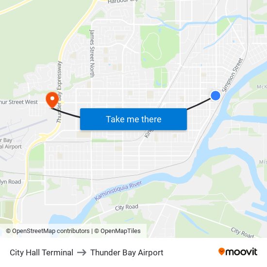 City Hall Terminal to Thunder Bay Airport map