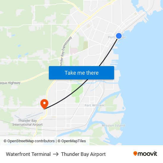 Waterfront Terminal to Thunder Bay Airport map