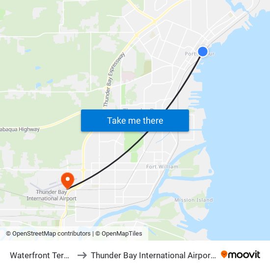 Waterfront Terminal to Thunder Bay International Airport (YQT) map