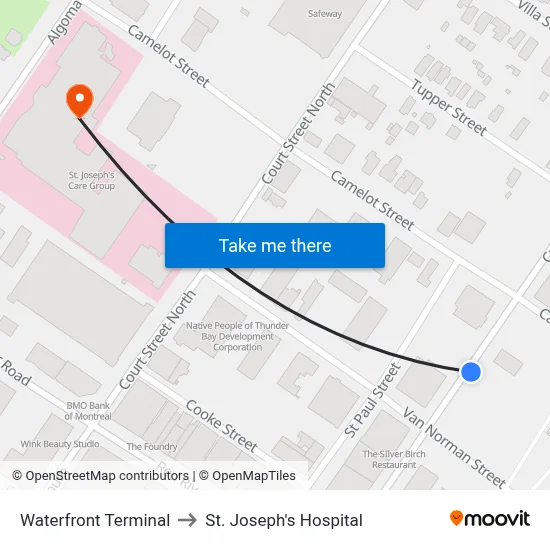 Waterfront Terminal to St. Joseph's Hospital map