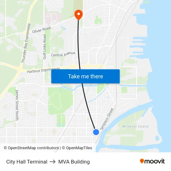 City Hall Terminal to MVA Building map