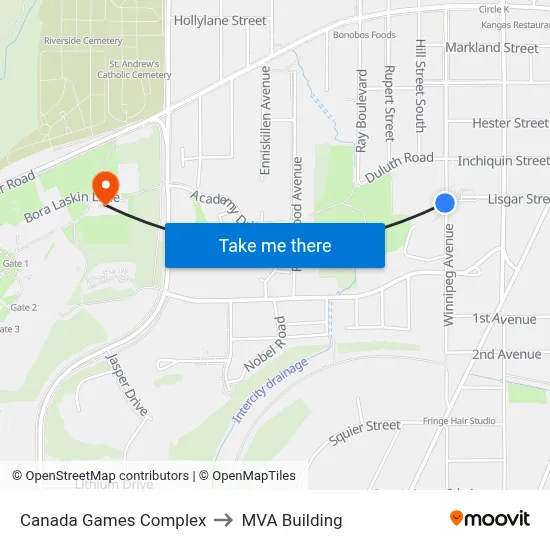 Canada Games Complex to MVA Building map